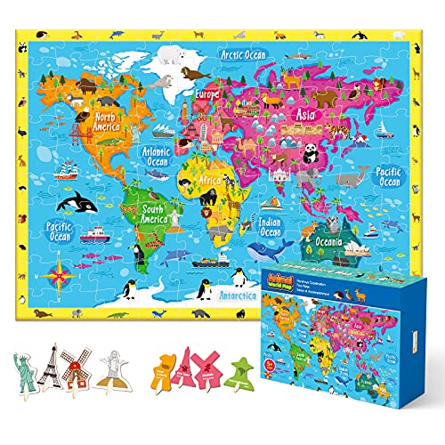 100 Piece Puzzles For Kids Ages 4-8,Animal World Map Toddler Puzzles,World Map For Kids Puzzles,Learn Landmarks, Educational Toy Ages 6 Years And Up,World Map Floor Puzzle Geography For Kids #TOP10