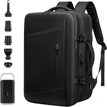 Vacuum Travel Backpack, 60L Expandable Backpack with Pump, Vacpack Backpack with Anti-Theft Lock, Water-proof Compression Work Backpack for Women Men Laptop Weekender HikingBlack