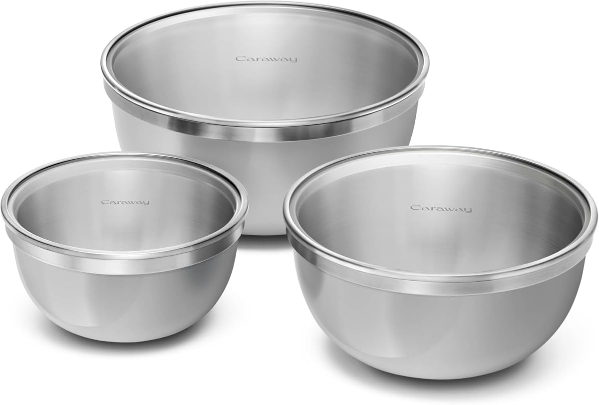 Caraway 6-Piece Stainless Steel Mixing Bowl Set with Glass Lids | 6 qt, 4 qt, 2 qt Kitchen Bowls with Tempered Glass Lids, Non-Toxic, PFAS-Free, Gray