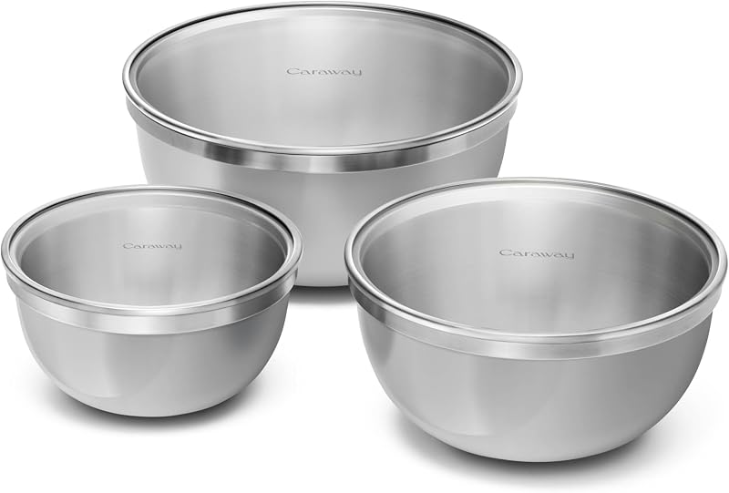 Caraway 6-Piece Stainless Steel Mixing Bowl Set with Glass Lids | 6 qt, 4 qt, 2 qt Kitchen Bowls with Tempered Glass Lids, Non-Toxic, PFAS-Free, Gray