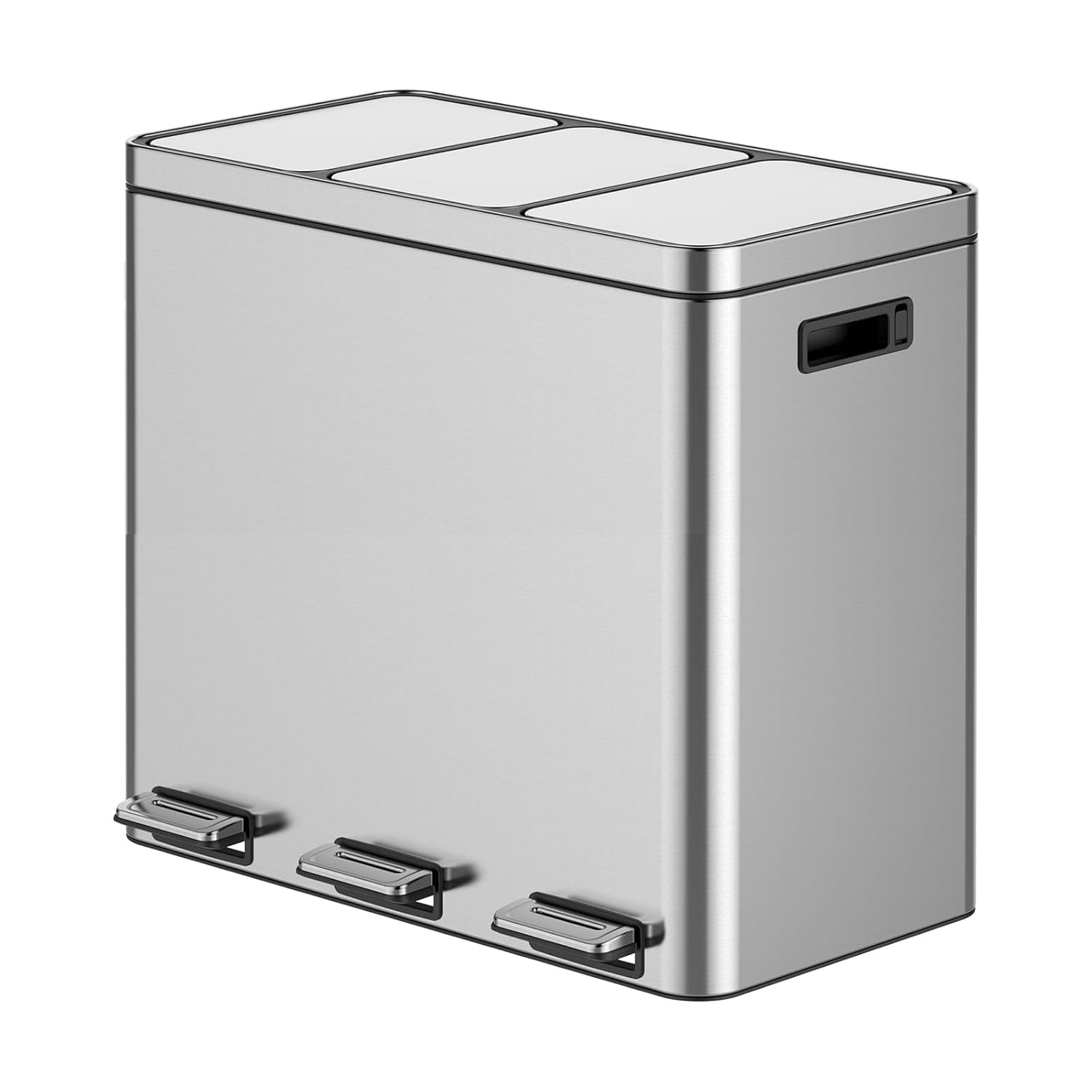 OUTLANE 60L 3-Compartment Stainless Steel Recycling Bin, Step Pedal, Quiet Close, Removable Liners, Fingerprint Resistant, Indoor Waste Bin for Home/Office, 37.6x63x58cm
