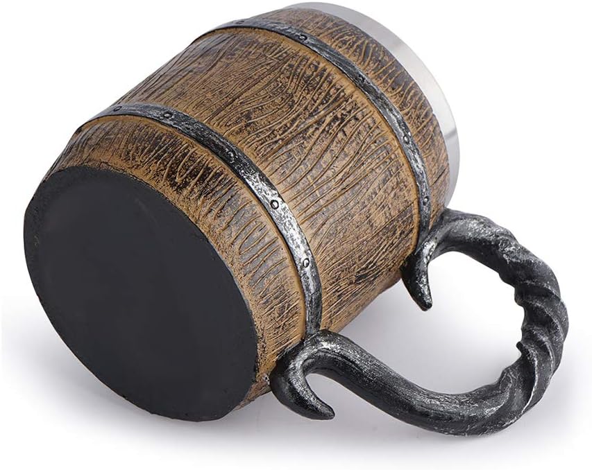 Wooden Barrel Beer Mug, Large Viking Cup Wood Style Beer Stein, Double Wall Stainless Steel Tankard Mug with Handle, Bar Restaurant Renaissance Accessories, Antique gifts for Men