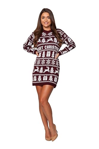 New Camp Ltd Ladies Womens Novelty Christmas Xmas Knitted Tunic Retro Reindeer Fairisle Dress Jumper Sweater Christmas Xmas 2018 Exclusively to Sizes 6 to 26 - 12-14 - Ladies Fairisle Presents Wine