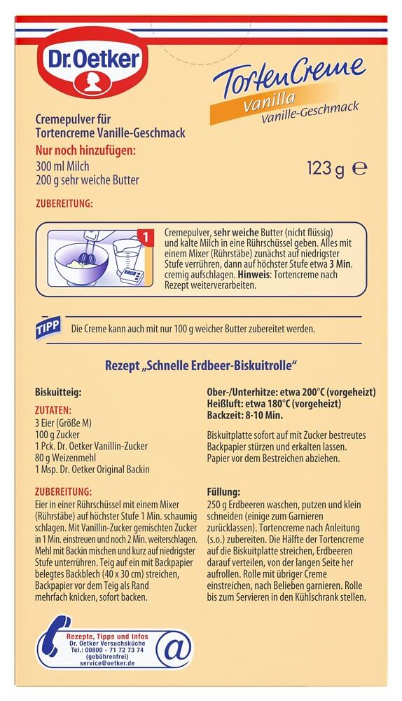Dr. Oetker Tortencreme Vanilla 11 x 140 g – Verwirklichen Sie Ihren persönlichen Tortentraum mit der Dr. Oetker Tortencreme Vanilla, die allen Torten mit Creme einen leckeren Geschmack nach Vanille verleiht.