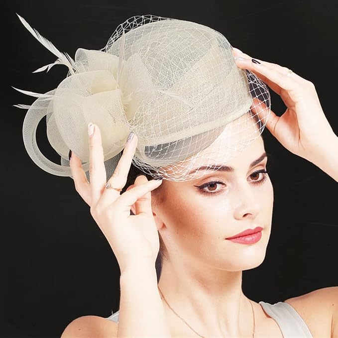 Sombrero Fascinator Mujer con Velo y Pluma Beige miniatura 4