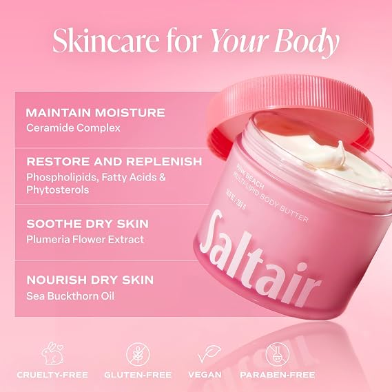 Saltair Mist & Moisturize 4pc Set with Body Oil, 2-Pack Body Mist Spray, and Body Butter. Hydrating After-Shower Moisturizer and Fine Fragrance Perfume Mist - Pink Beach Scent
