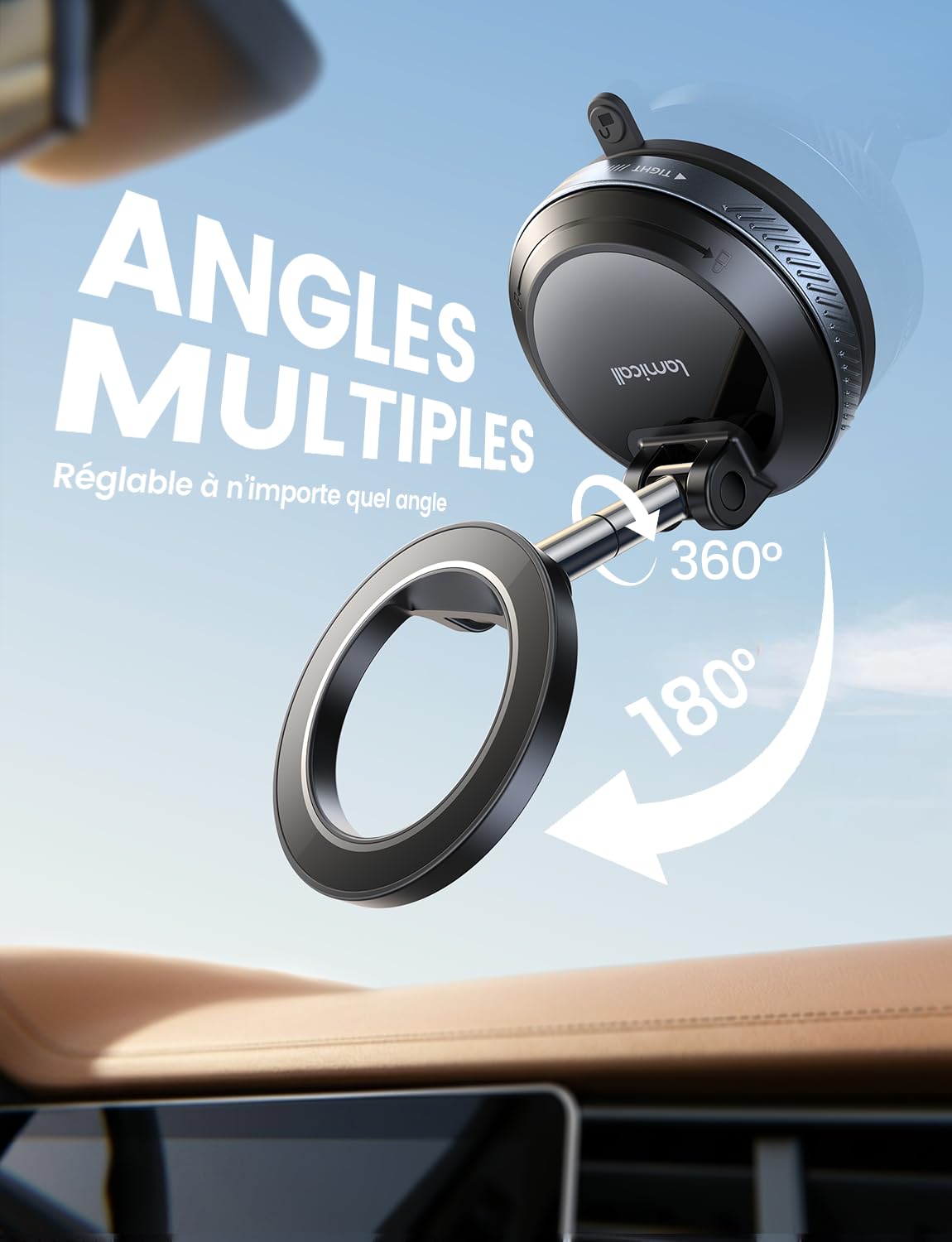 Lamicall Support Telephone Voiture pour MagSafe - [Ventouse Vide & Double Pliage] 360° Rotation, Support Magnétique pour Tableau de Bord/Pare-Brise, Porte Voiture pour iPhone 17 16, Autres Smartphones