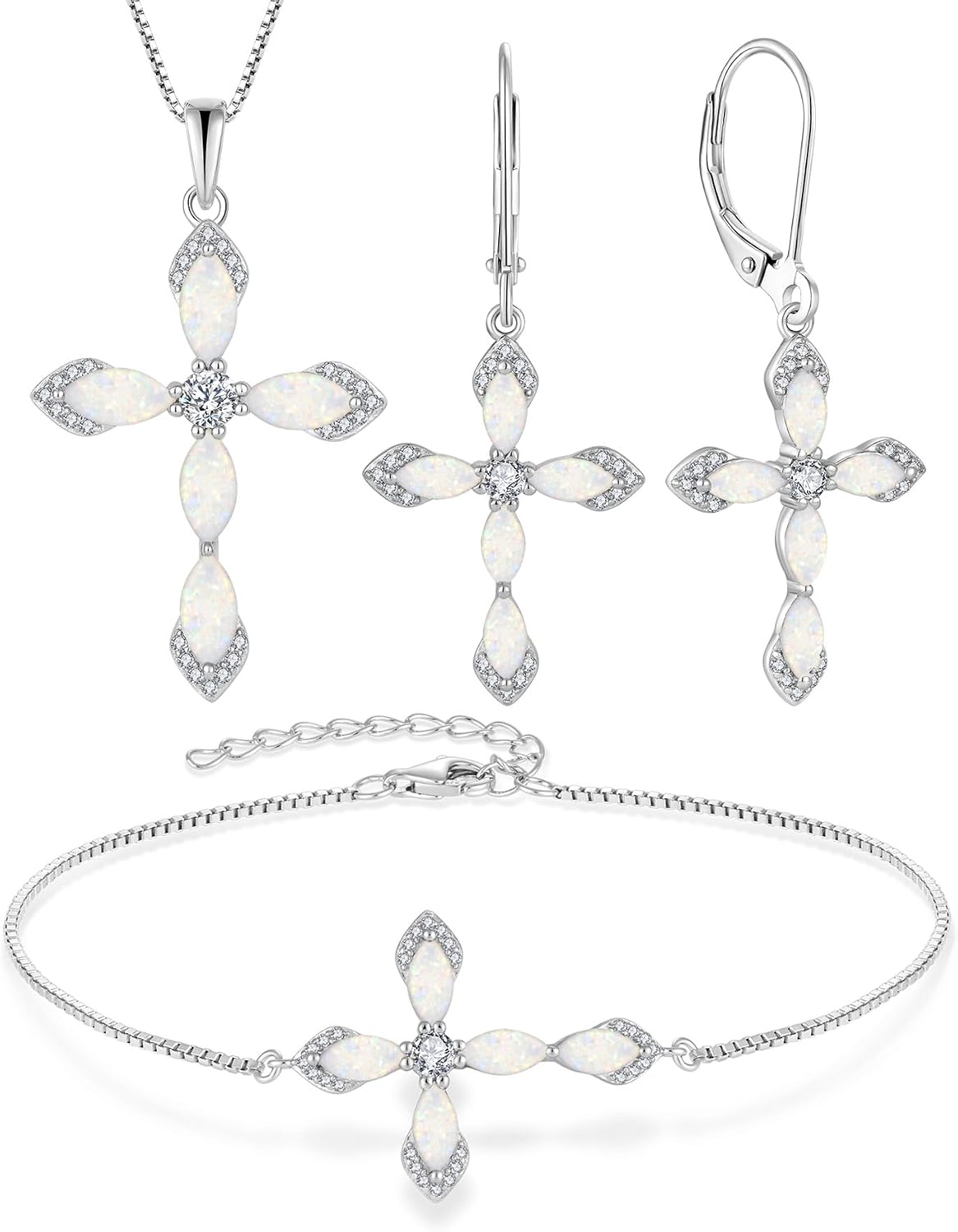Cross Necklace Earrings Bracelet 925 Sterling Silver Opal Jewelry Set Gemstone Crucifix Religious October Birthstone Jewelry for Women