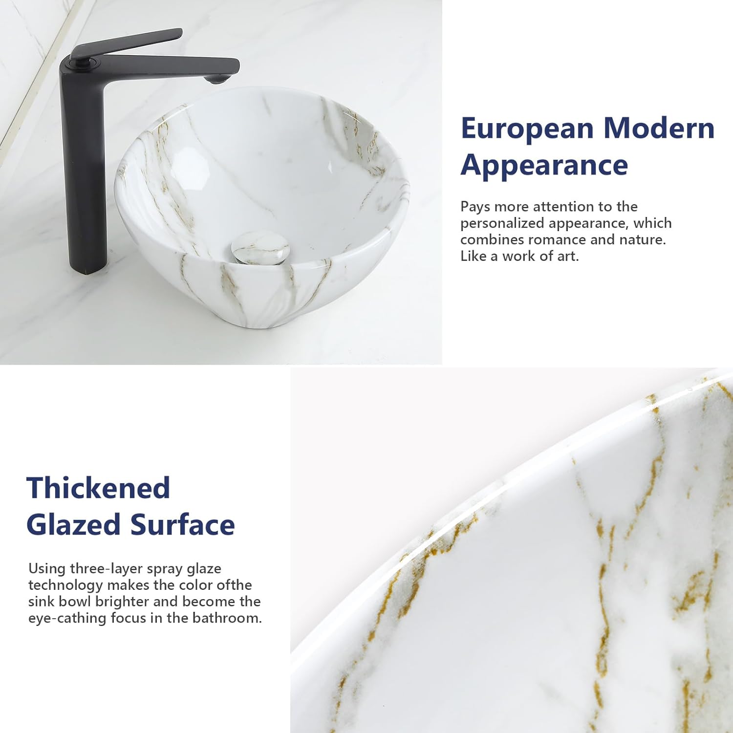 Davivy 16.3"x13.4" White Marbling Bathroom Vessel Sink with Pop Up Drain,Oval Vessel Sinks Above Counter,Ceramic Egg Shape White Vessel Sink for Bathrooms