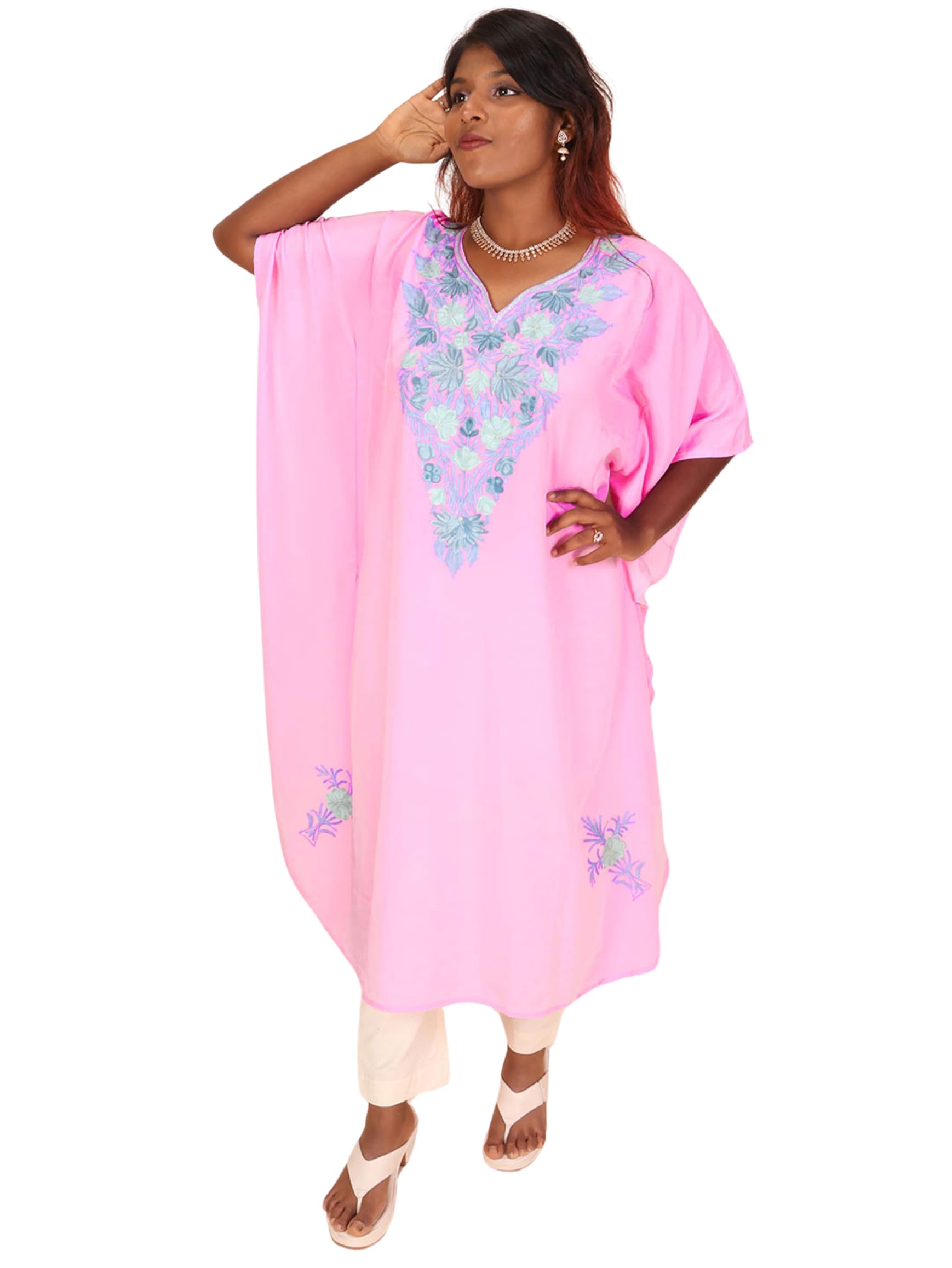 avishya Premium Sozni Blue Embroidered Crepe Silk Kaftan Loose Fit Knee Length Summer Beach Cover-Up | Stylish & Comfortable for Women and Girls (Pink)-picture-28