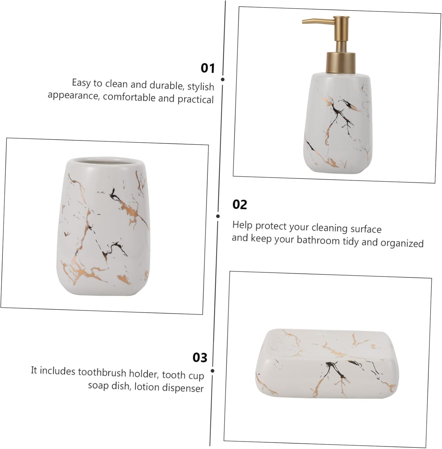 Zerodeko 3pcs Bathroom Accessory with Toothbrush Holder Lotion Bottle Soap Dish Portable Marble Look Wash Cup for Organized Vanity and