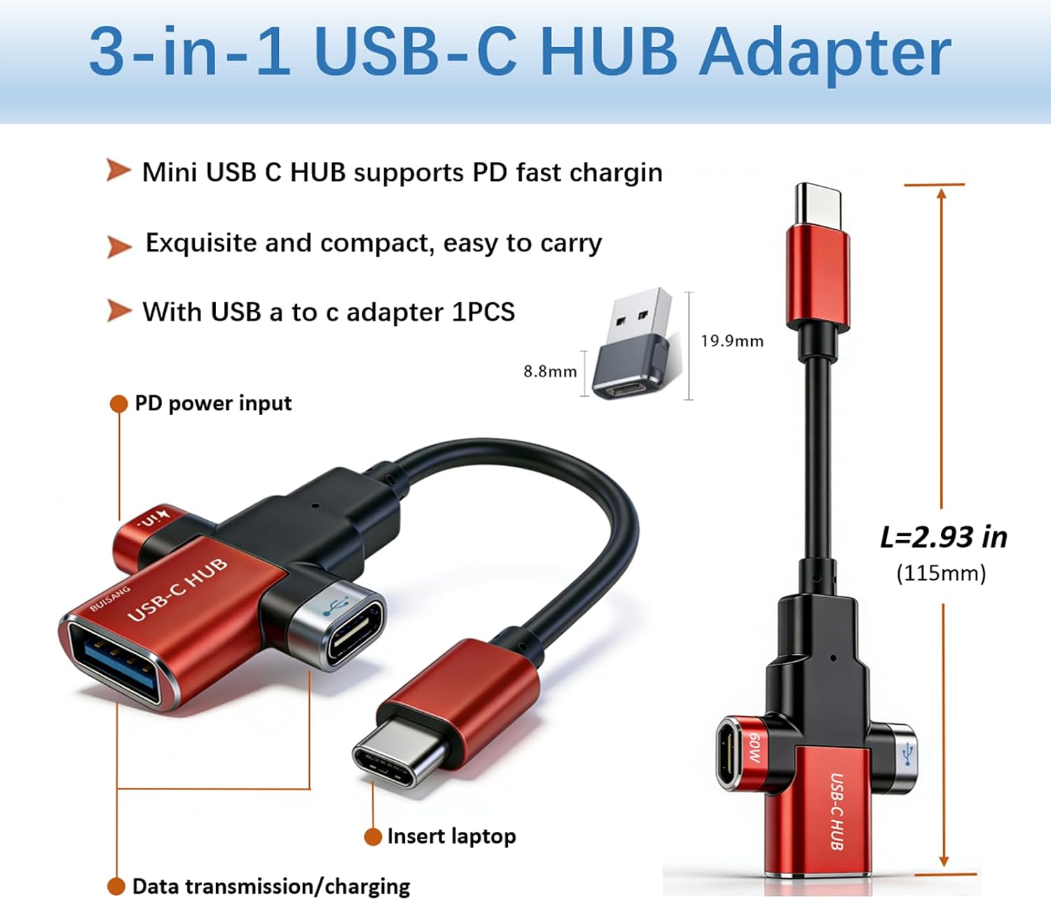 Small USB C HUB for Laptop, 60W Fast Charging and 480Mbps Data Transfer USB C Docking Station, USB C Splitter, USB C Dongle for MacBook Pro, iMac, iPhone 17, XPS. (HUB+USB Adapter, 2-pcs)