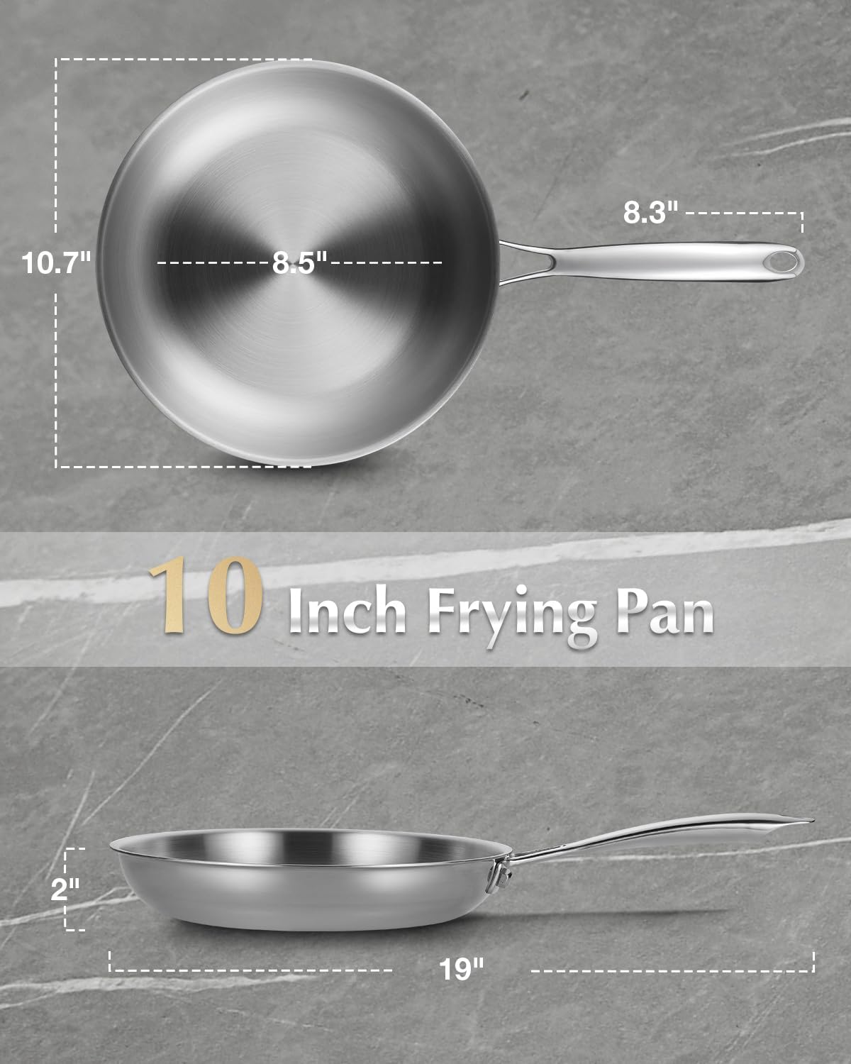 KOCH SYSTEME CS Tri-Ply Stainless Steel Pan, 10 Inch Stainless Steel Frying Pan with Stay-Cool Handle, Dishwasher and Oven Safe, Non-Toxic Staniless Steel Skillet, Compatible with All Cooktops