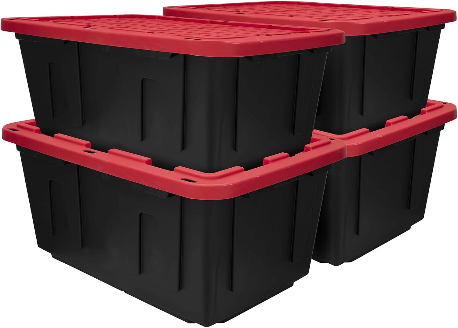 27 Gallon Large Storage Bin with Snap Lid, Heavy Duty Plastic Storage Container, Black and Red Stackable Tote for Garage, Home, Attic, Moving - Durable Organizer (4, 24, Gallons)