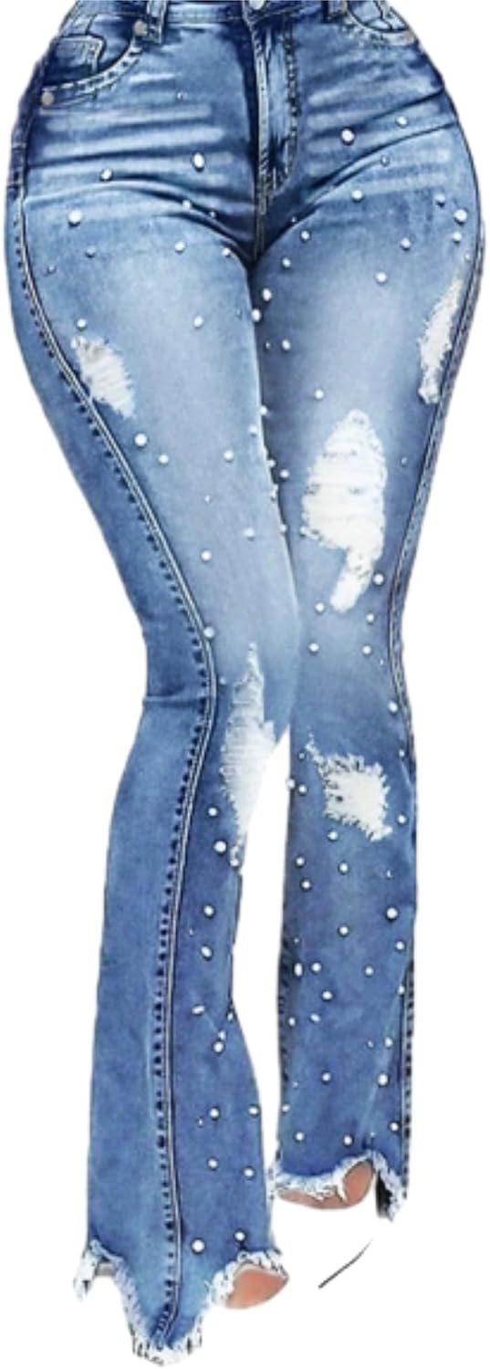 Women Pearl Jeans Ripped Distressed Denim Pants High Waist Casual Baggy Boyfriend Trousers