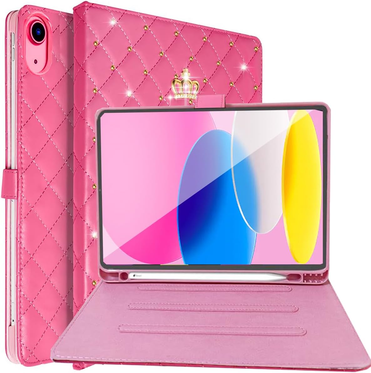 Changjia for iPad (A16) 11th Gen 11 Inch 2025/iPad 10th Generation 10.9" 2022 Case with Pencil Holder,Cute Crown Diamond Elegant PU Leather Auto Sleep/Wake Stand Protective Case for iPad 11th,Hot Pink