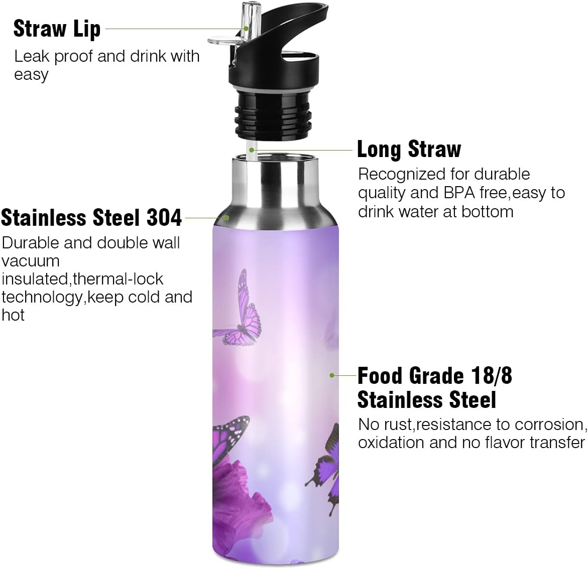 xigua Purple Butterfly Water Bottle with Straw Lid Vacuum Insulated Stainless Steel Thermo Flask for Sports Cycling Hiking School Home,20 oz.
