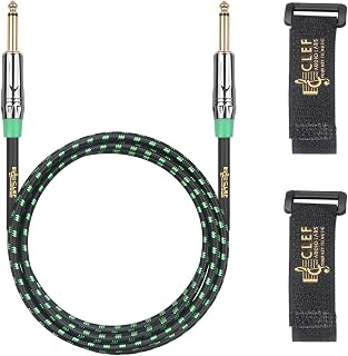 Instrument Guitar Cable, 10ft Cord - 1/4 inch TS Straight to Straight for Electric bass Guitar AMP, 22AWG, Chrome Zinc Alloy Shell, Green Braided Jacket with 2 Adjustable Cable Straps