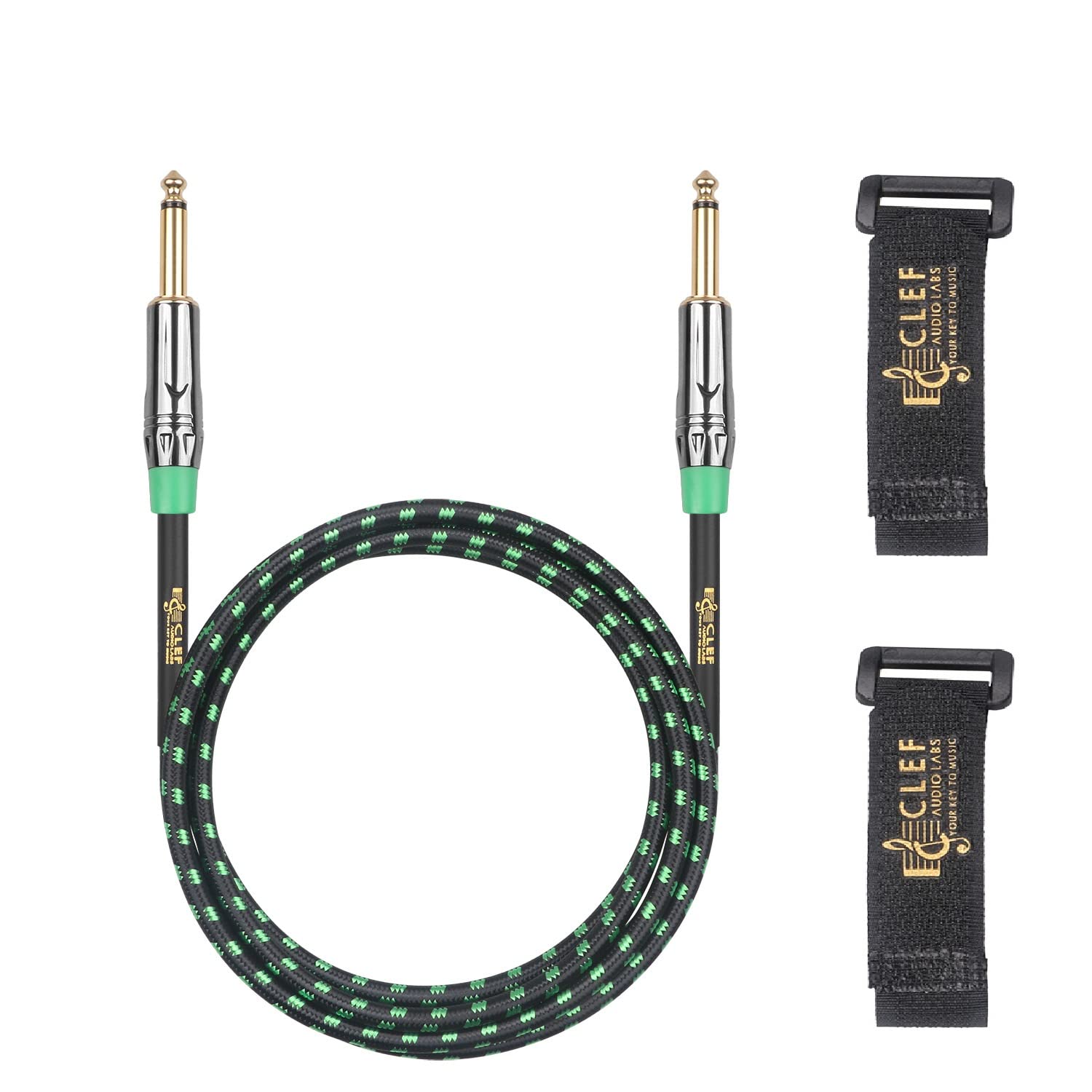 Clef Audio Labs Instrument Guitar Cable, 10ft Cord - 1/4 inch TS Straight to Straight for Electric bass Guitar AMP, 22AWG, Chrome Zinc Alloy Shell, Green Braided Jacket with 2 Adjustable Cable Straps