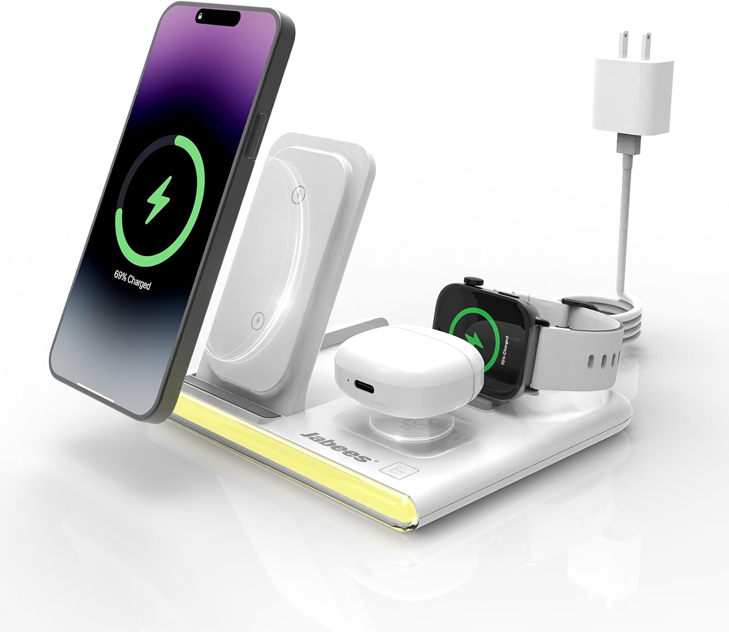 Jabees PowerGlow 4-in-1 Wireless Charging Station with 2-Color LED Night Light - Fast Qi Charger for iPhone 15/14/13, Samsung Galaxy, Apple Watch & AirPods Pro [Black]