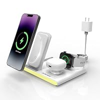Jabees Bedside Charging Dock: 4-in-1 Wireless Charger + Night Light for iPhone, Samsung, Apple Watch & AirPods - 15W Fast Qi Charging Station [White]