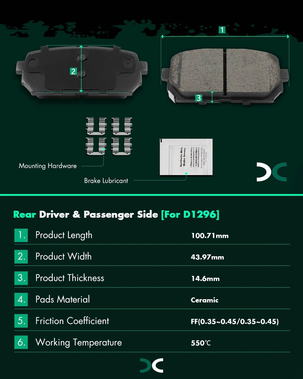 SCITOO D1296 Rear Ceramic Brake Pads Sets w/Hardware Replacement For Kia For Rondo 2007-2012