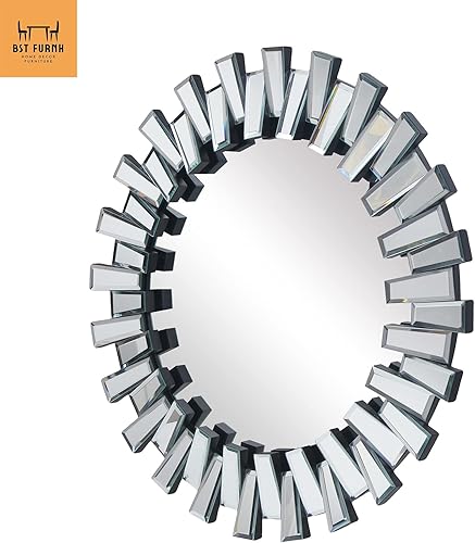 Miniatura 7 de BST FURNH Espejo Redondo de Pared Decorativo de 24 Pulgadas Espejo de Pared Decorativo con Marco Irregular y Borde Biselado Espejos para Pared