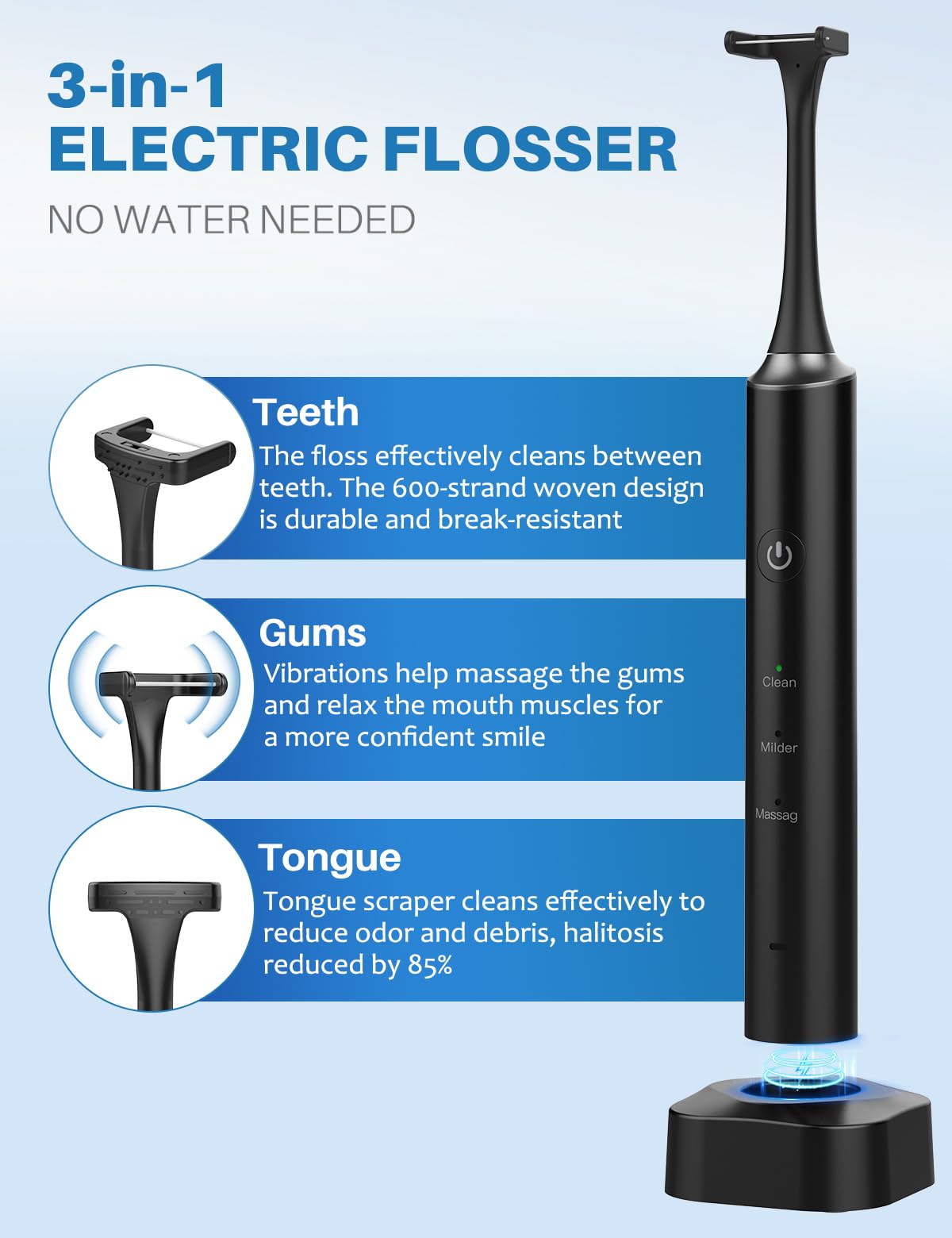 Voraiya Hilo dental eléctrico para dientes, reutilizable, con 50 cabezales de repuesto, recomendado por dentistas, alternativa al irrigador dental de agua, púas de hilo dental recargables para adultos