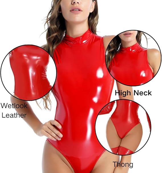 Women Sexy Leather Bodysuit Wetlook PVC Teddy Lingerie Turtleneck Jumpsuit