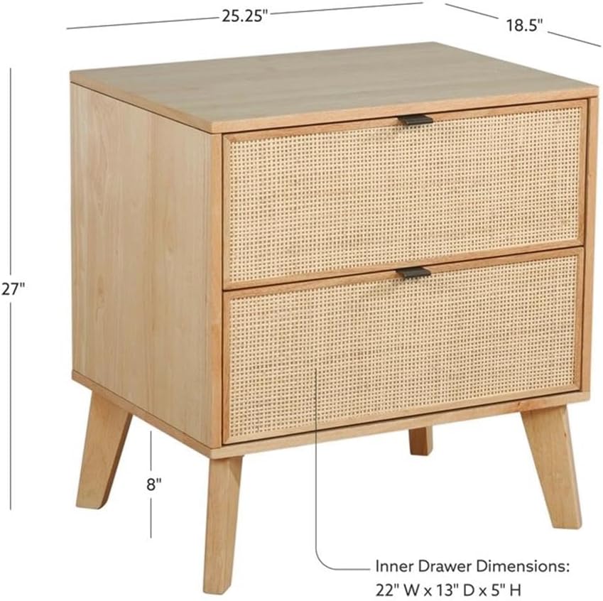 BOWERY HILL Wood Nightstand, 25.25 x 18.5 x 26.5 in, Natural Stain Finish, 2 Drawers with Cane Front Panels, Midcentury Modern Design, Metal Pulls, Bedroom Storage
