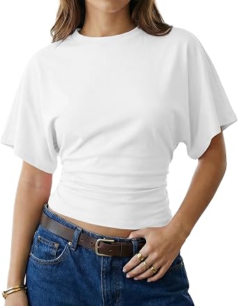 Cioatin Women Short Sleeve Ruched Cinched Waist Crop Tee Tops Y2K Vintage Clean Fit Round Neck Tshirt Casual Going Out Summer