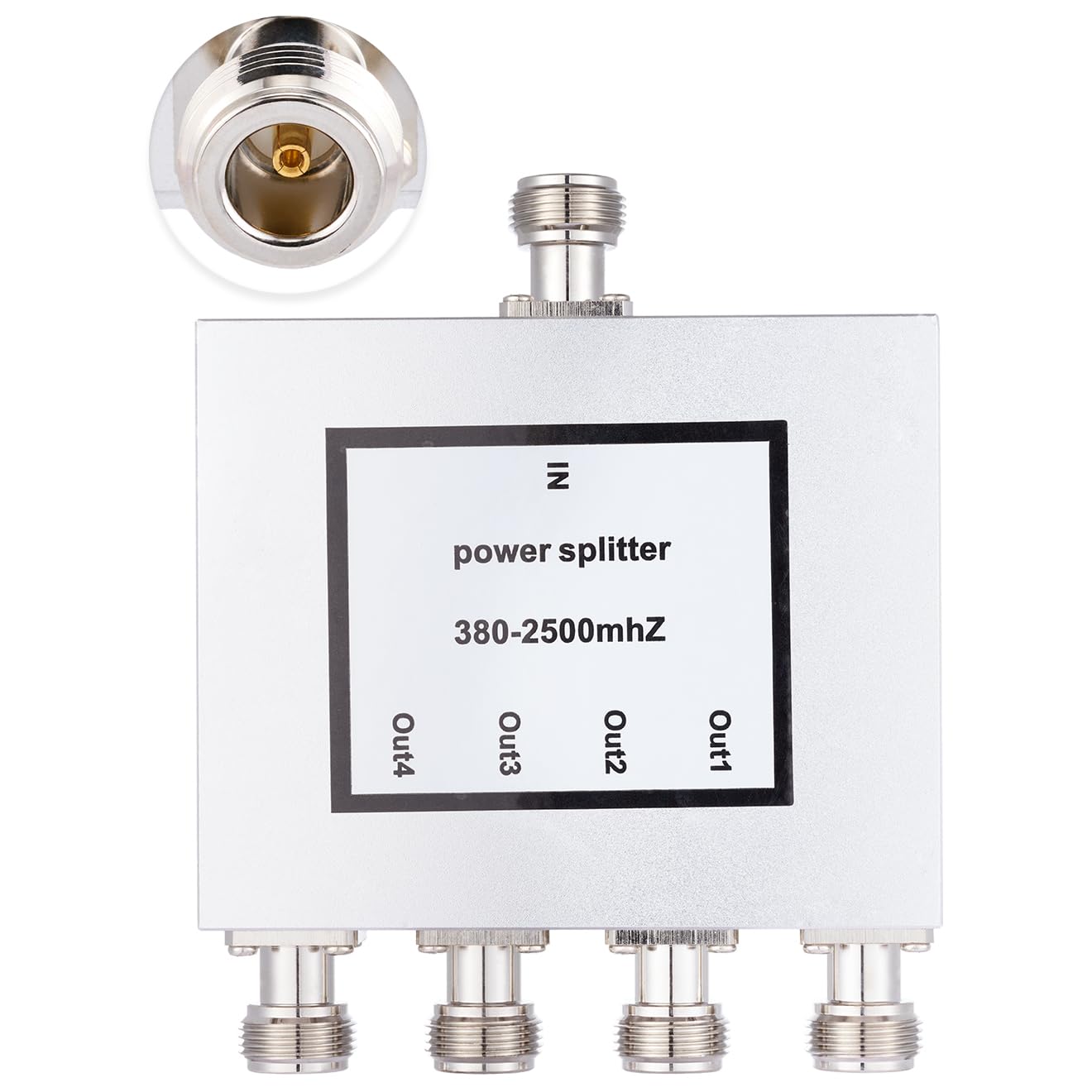 Divisor de señal de 4 vías con conector N hembra, divisor de potencia de 50 ohmios, 380 MHz-2500 MHz, divisor de señal de cable, 1 entrada y 4 salidas para cable de antena