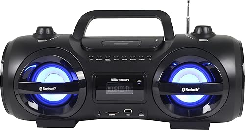 Emerson EPB-3005 - Reproductor de CD Boombox portátil retro, radio AMFM, Bluetooth, USB, pantalla LED, entrada auxiliar, conector para auriculares,