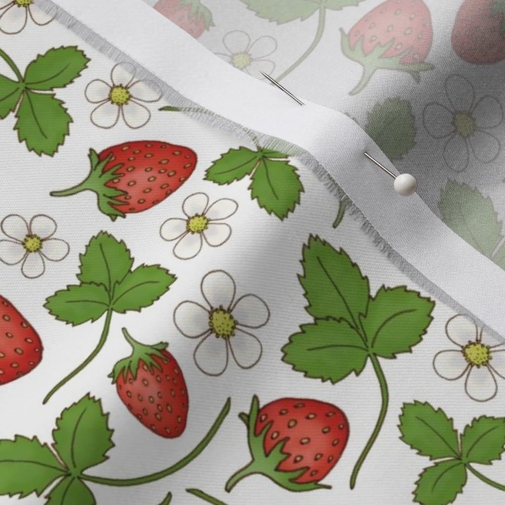 Spoonflower Fabric - Strawberries Strawberry Berry Flowers Leaf Summer Fruit Printed on Organic Cotton Sateen Fabric by The Yard - Sewing Quilting Apparel Home Decor