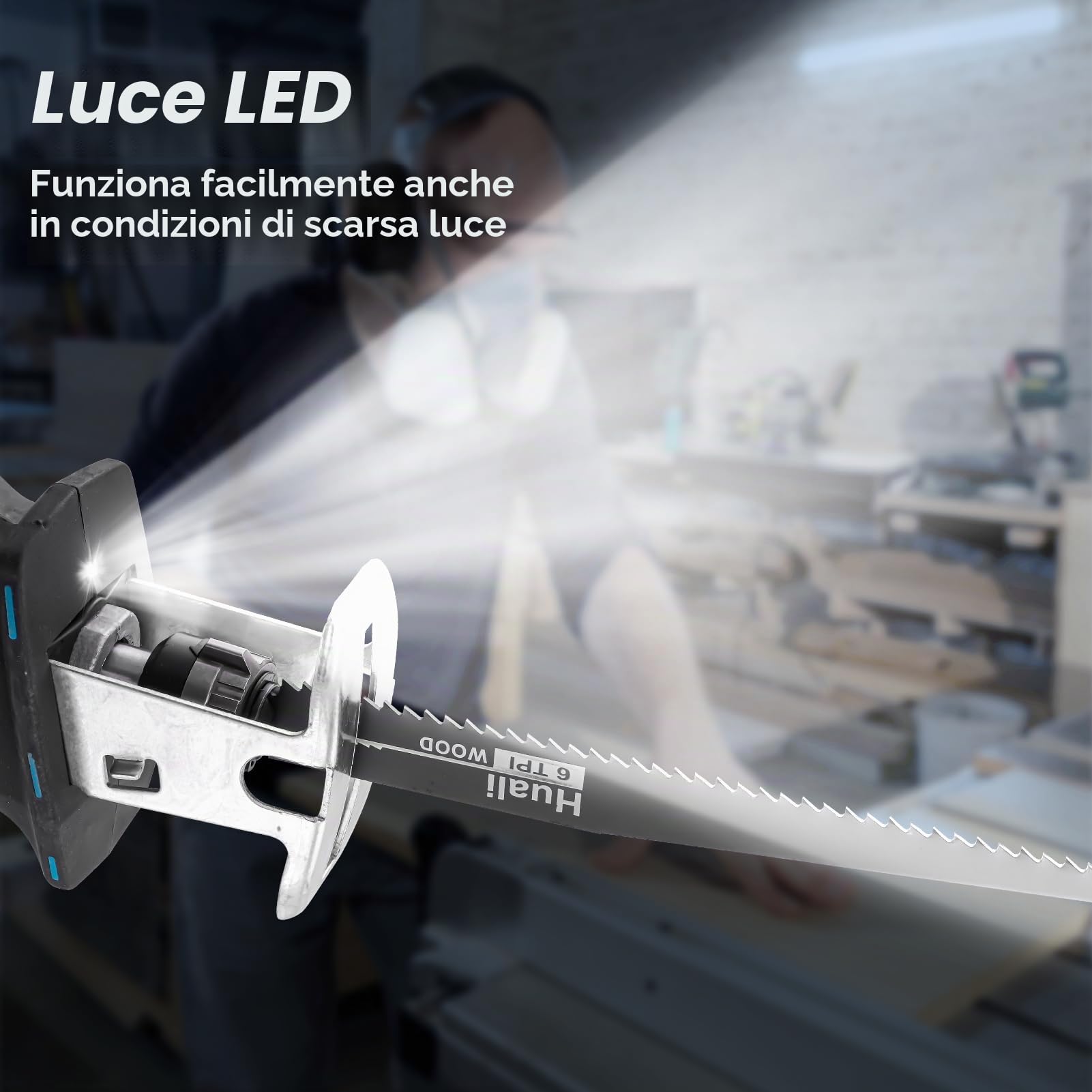 Sega a Gattuccio, Seghetto Elettrico a velocità Variabile da 0-4000 U/min, Sega Elettrica per Legno a Batteria da 21V, Seghetto Alternativo per Metalli, PVC con 2 Batterie e 8 Lame