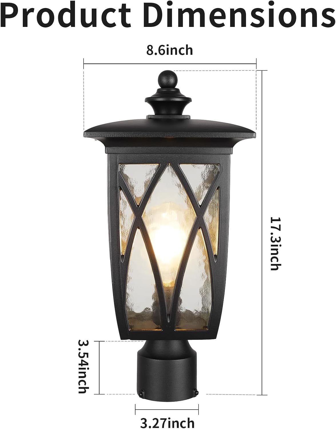 JYZ Outdoor Post Lights Lamp Post Light Fixture, 17.3'' Pole Lantern with E26 Base 60W Max & Waterproof Aluminum Housing Plus Water Ripple Glass,Fence Post Deck Lighting for Garden, Patio, Pathway