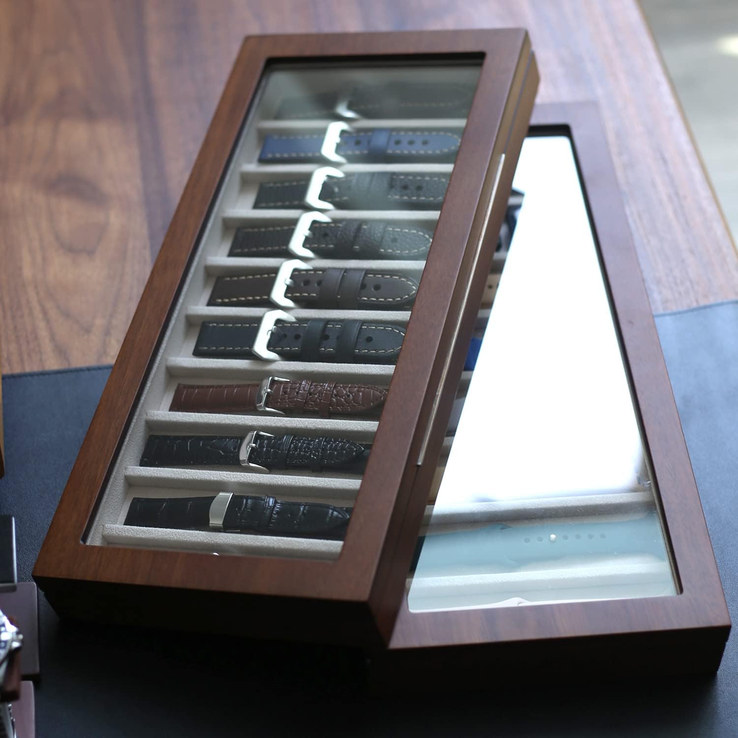 Watch Band Organizer Case for Men or Women Holder Watch Band, Wooden Watch Band Storage Box with Real Glass Window (Walnut veneer 10 slot)
