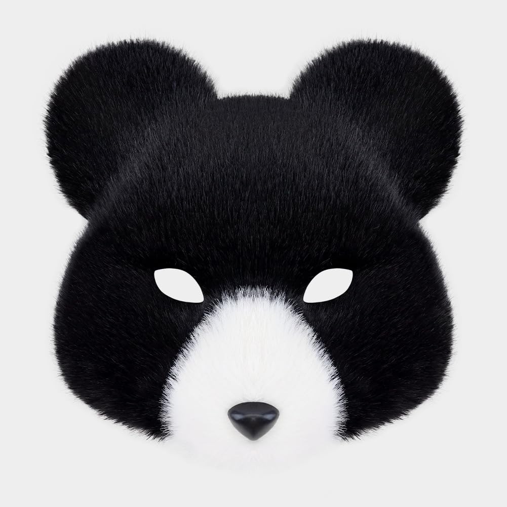 Furry Bear Mask Animal Cosplay Plush Faux Fur Realistic Bear Half Face Mask Halloween Masquerade Carnival Costume Accessory (Black White)