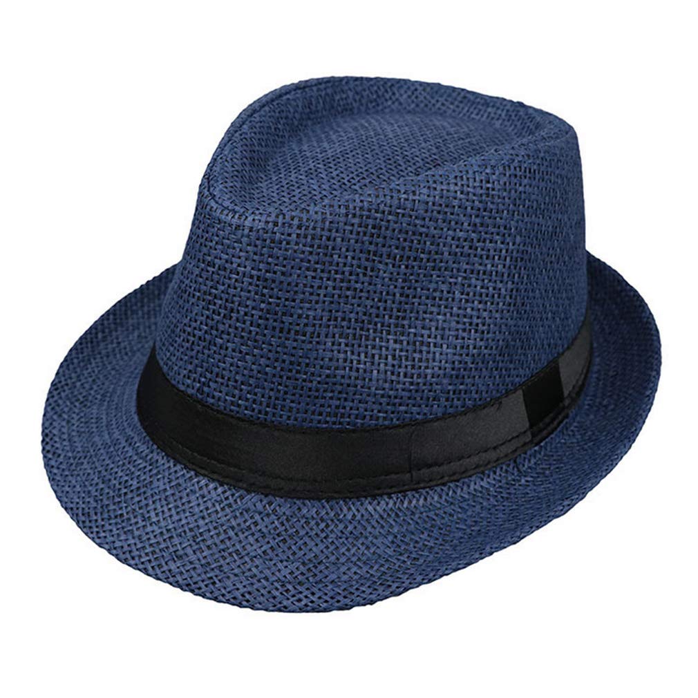 Junhouse Men's Navy Blue Panama Hat For Summer Fedora Trilby Straw Sun Hats Foldable Beach Travel Hat