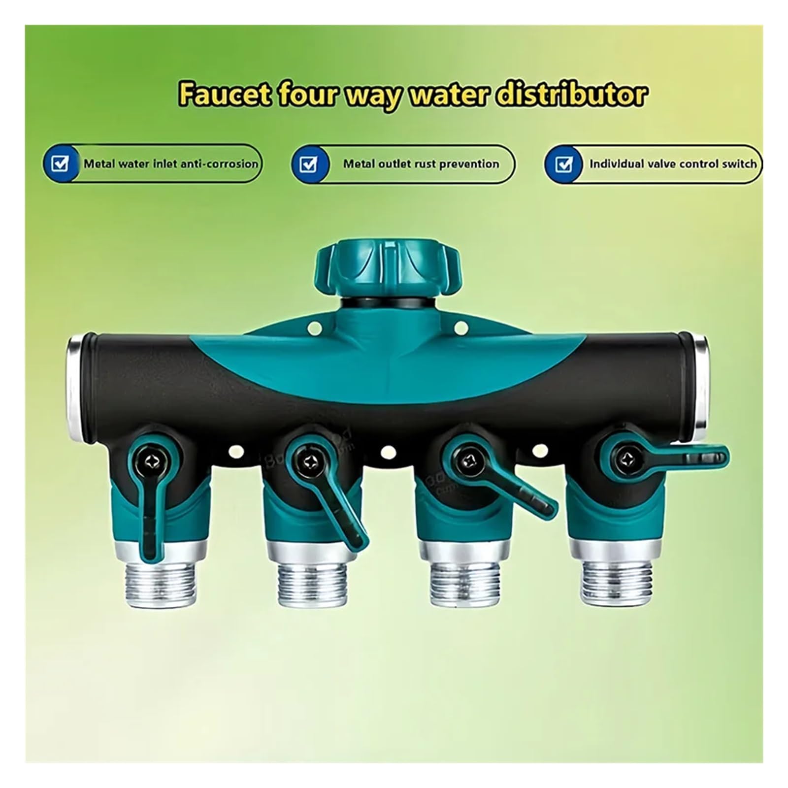 Junta de tubería de Agua de 4 vías de aleación de Zinc, Manguera de jardín de 3/4 Pulgadas, Divisor de Grifo de Agua con válvulas de Cierre, Conectores de Manguera a Prueba de Fugas, 1 Uds.