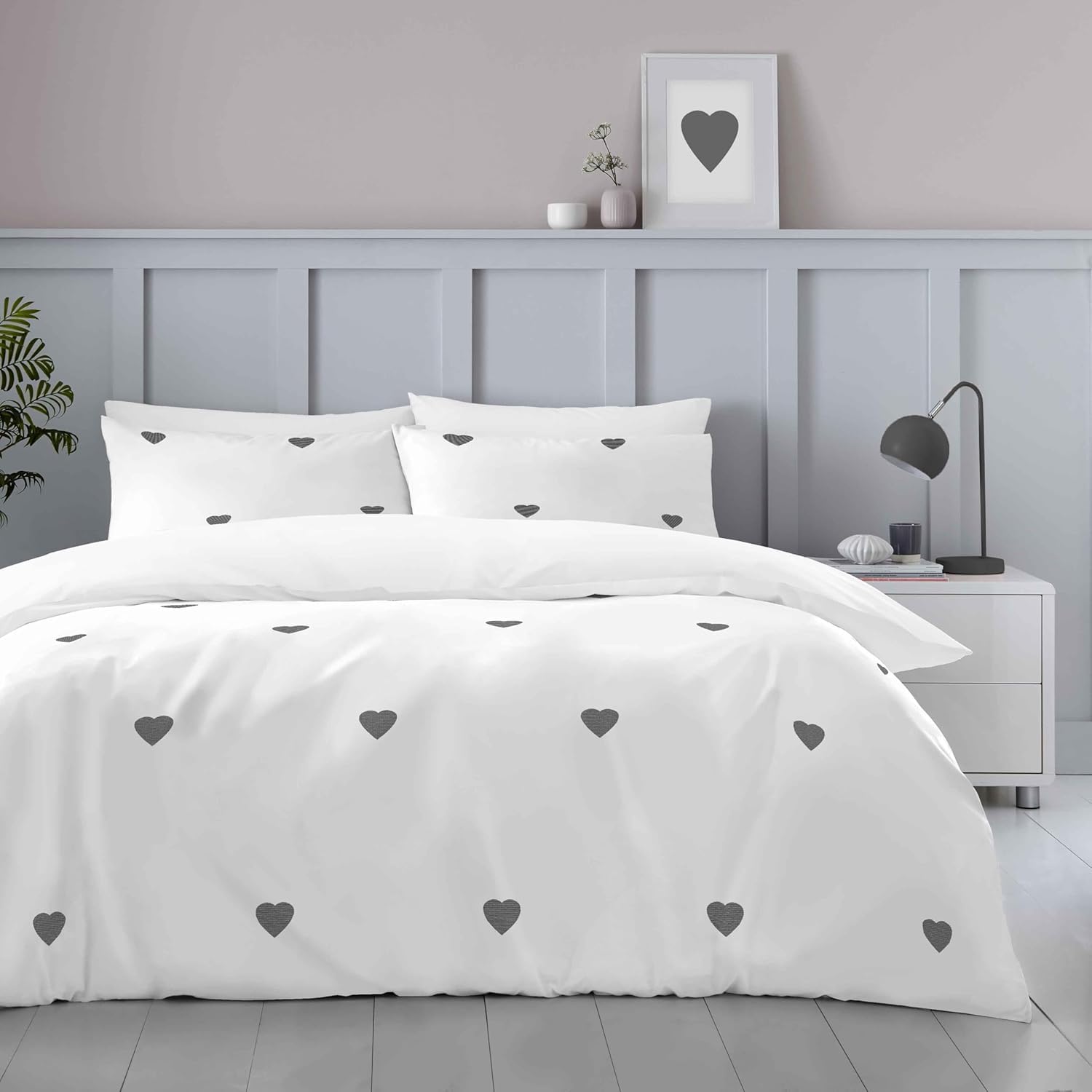 BLOOM BLENDS Hearts and Bows Embroidered Duvet Cover Set – White Bedding with Charcoal and Pink Heart Detail – Soft, Stylish & Romantic Design (Hearts Charcoal, Single)