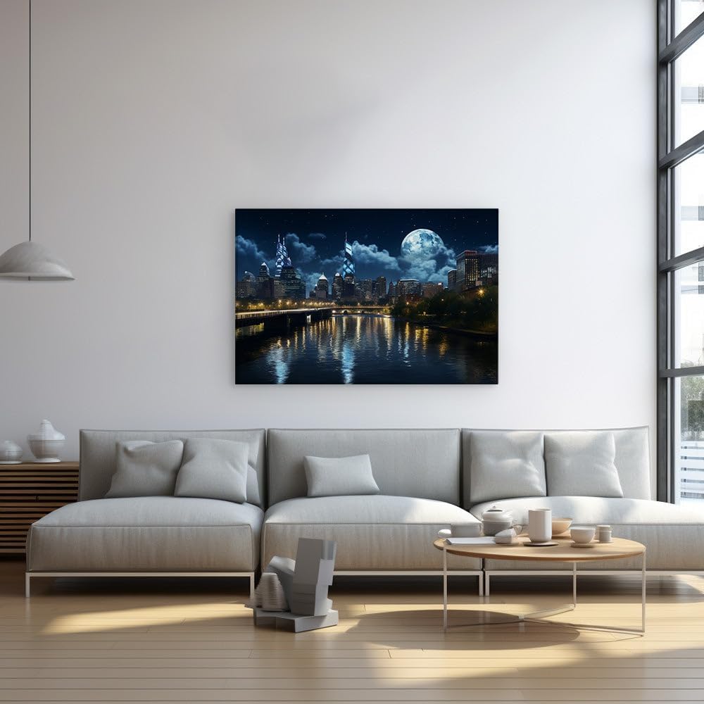 Canvas for Living room. Starry Skyline Serenity: Illuminated City By The River Under a Cosmic Canopy, 27 x 18 inch Canvas Wall Art - Urban Global Cities - Modern Home Decor
