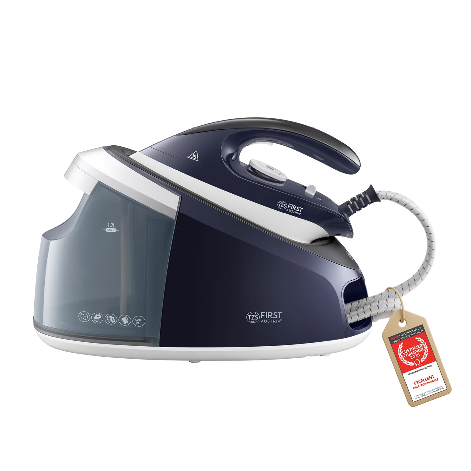 TZS First Austria - Ferro da Stiro con Caldaia 1,7L - 3000W - 6 Bar & 140g/min Vapore Continuo - Piastra in Ceramica - Stiro Verticale & Funzione Anticalcare - Blu