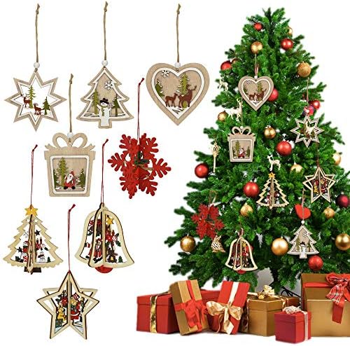 PERFETSELL 8 PCS Christmas Tree Wooden Ornaments Hanging Bauble Wood Hanging Pendant Snowflakes/Bell/Gift Box/Love Heart Shape Embellishments Baubles with Hollow-Carved for Xmas Party Decor