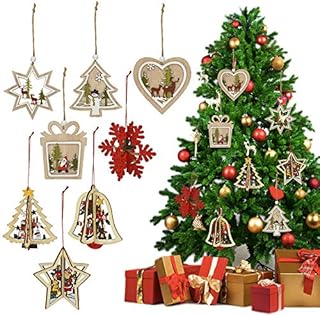PERFETSELL 8 PCS Christmas Tree Wooden Ornaments Hanging Bauble Wood Hanging Pendant Snowflakes/Bell/Gift Box/Love Heart Shape Embellishments Baubles with Hollow-Carved for Xmas Party Decor