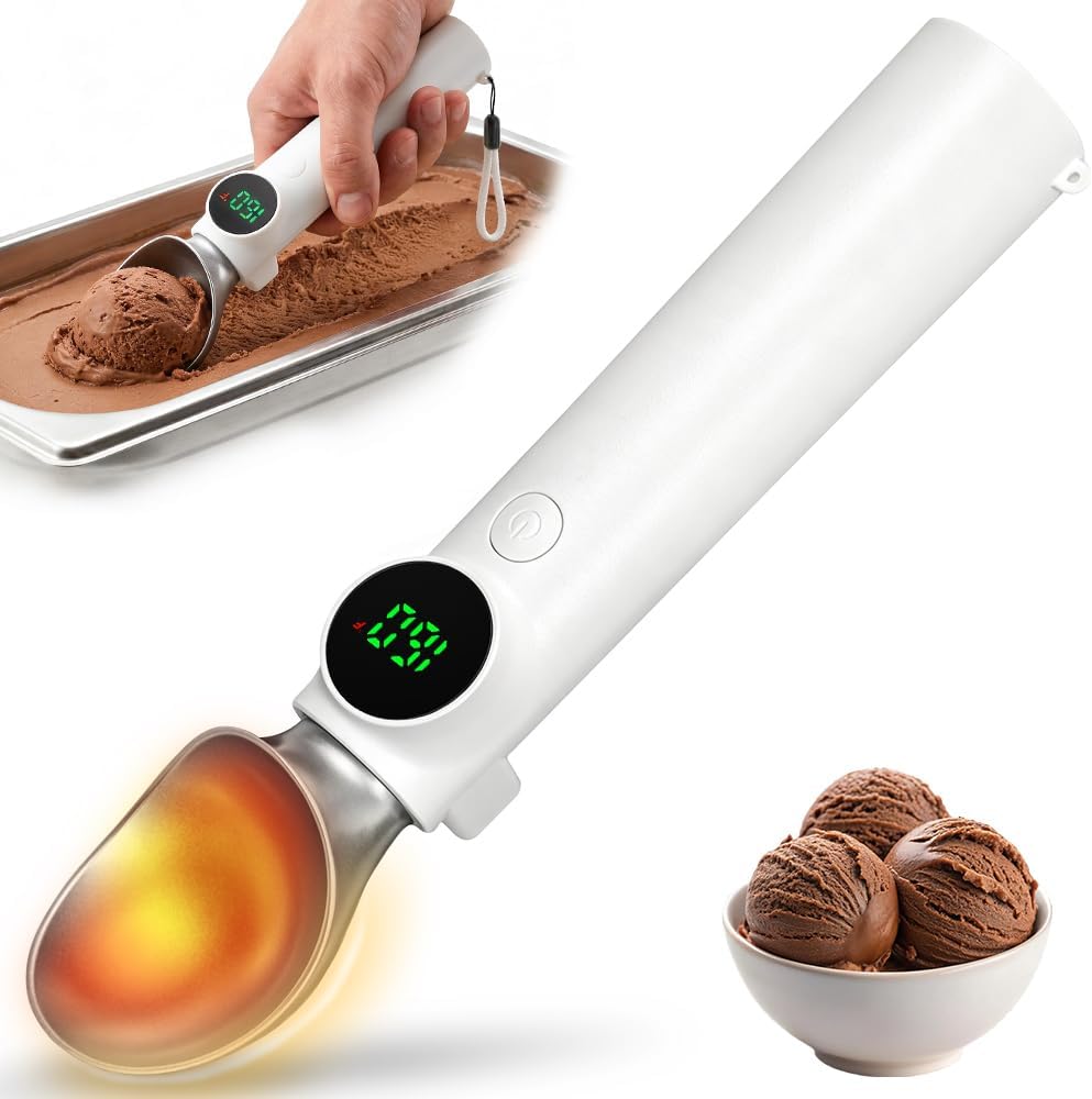 Rechargeable Ice Cream Scoop, Heated Scooper with LED Display, White