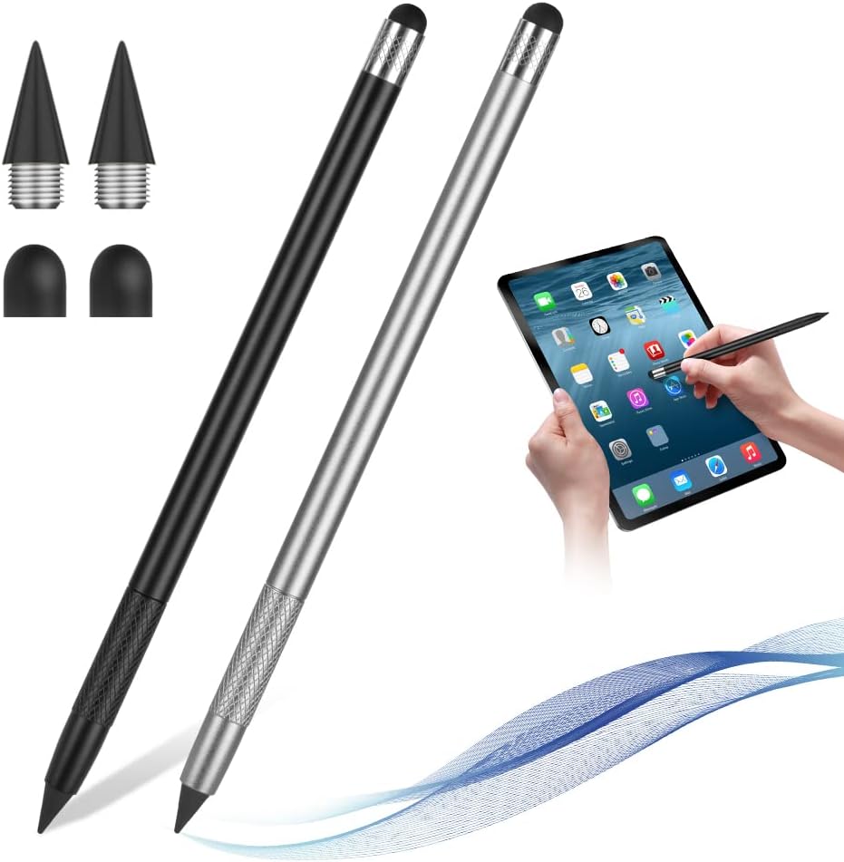 2 PCS Touchscreen Forever Pencils with 2 Silicone Caps + 2 Replacement Tips, 2 in 1 (Black+Silver) (M1-3381625)