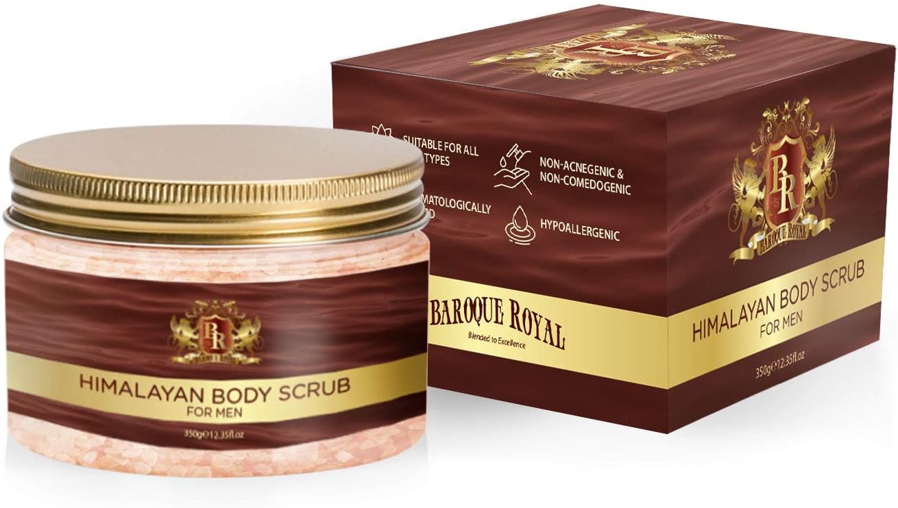 Baroque Royal 100% Natural Himalayan Pink Salt Scrub, Exfoliating Body and Face Wash with Macadamia, Olive, and Almond Oil, Best for Acne Treatment, Ingrown Hairs, Pore Minimizer, Cellulite