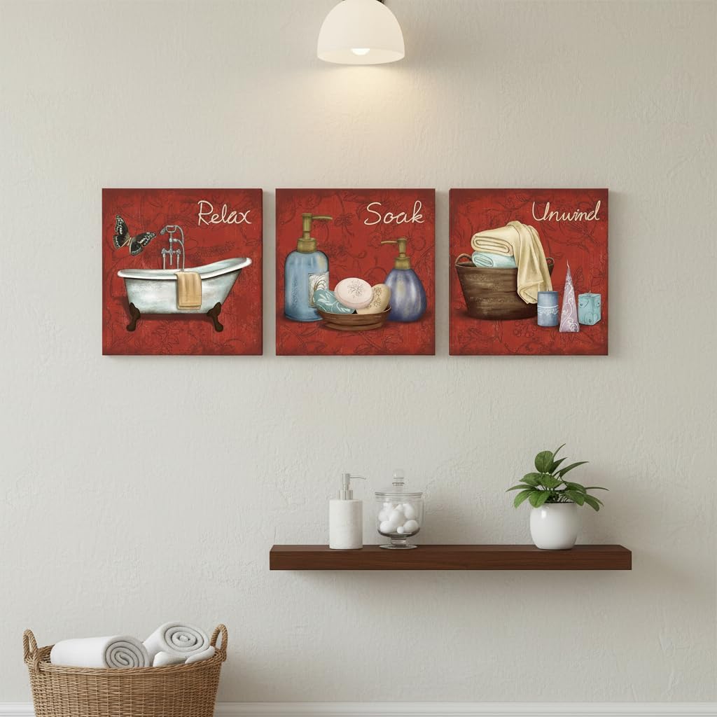FuShvre Burgundy Bathroom Decor Red Bathroom Wall Art Spa Relax Soak Unwind Paintings Wall Decor Framed 12"x12" each
