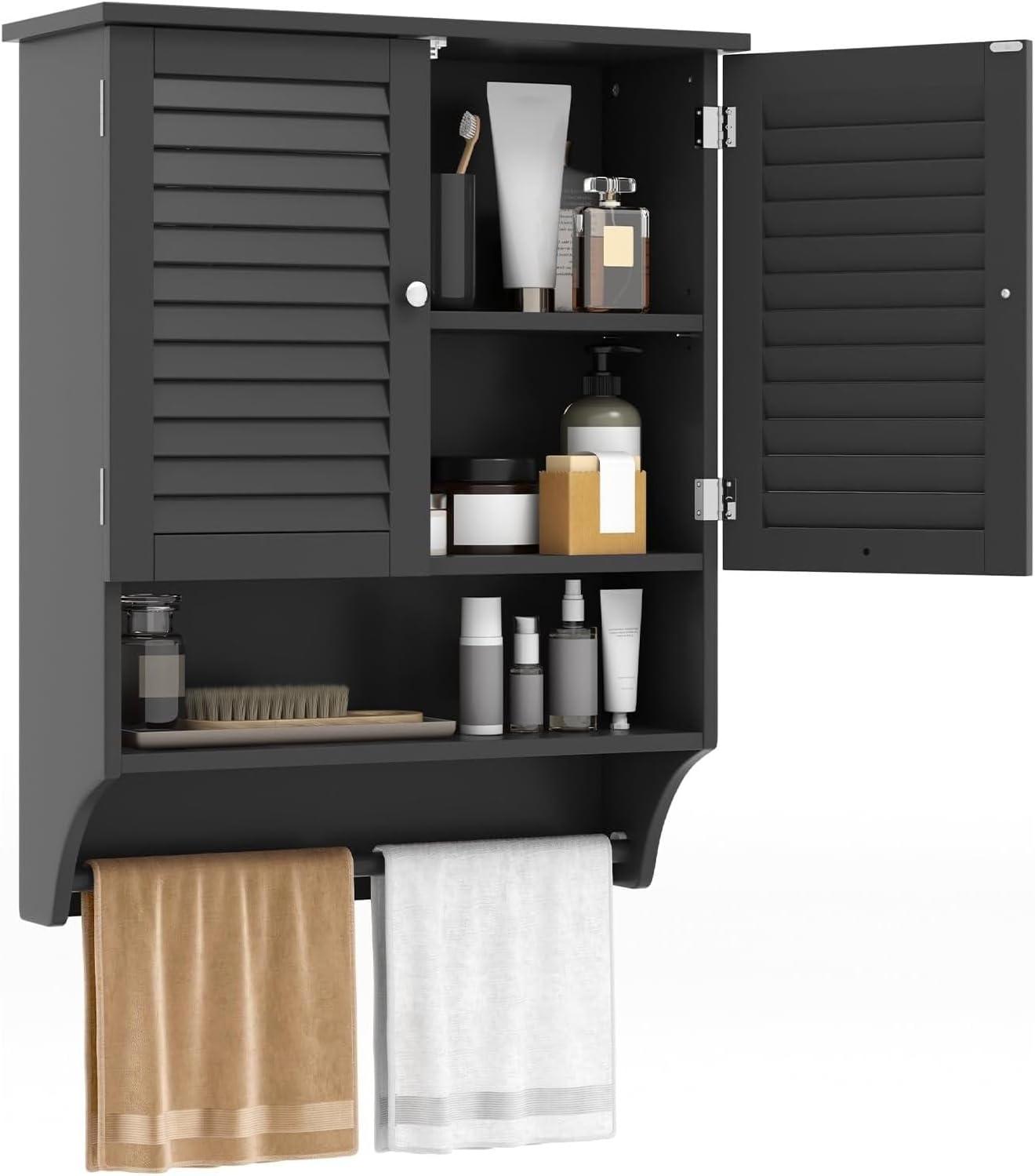 FUTADA Wall Mounted Bathroom Cabinet with Open Shelf, Medicine Cabinet with Double Louvered Doors, Towel Bar, Adjustable Shelf, Wall Storage Cabinet for Home, Bathroom, Kitchen (Black)